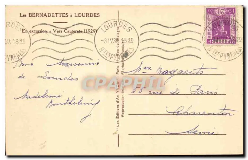 Die Bernadetten in Lourdes — Ausflug nach Cauterets (1929) — Éditions d'Art Yvonn - Rückseite