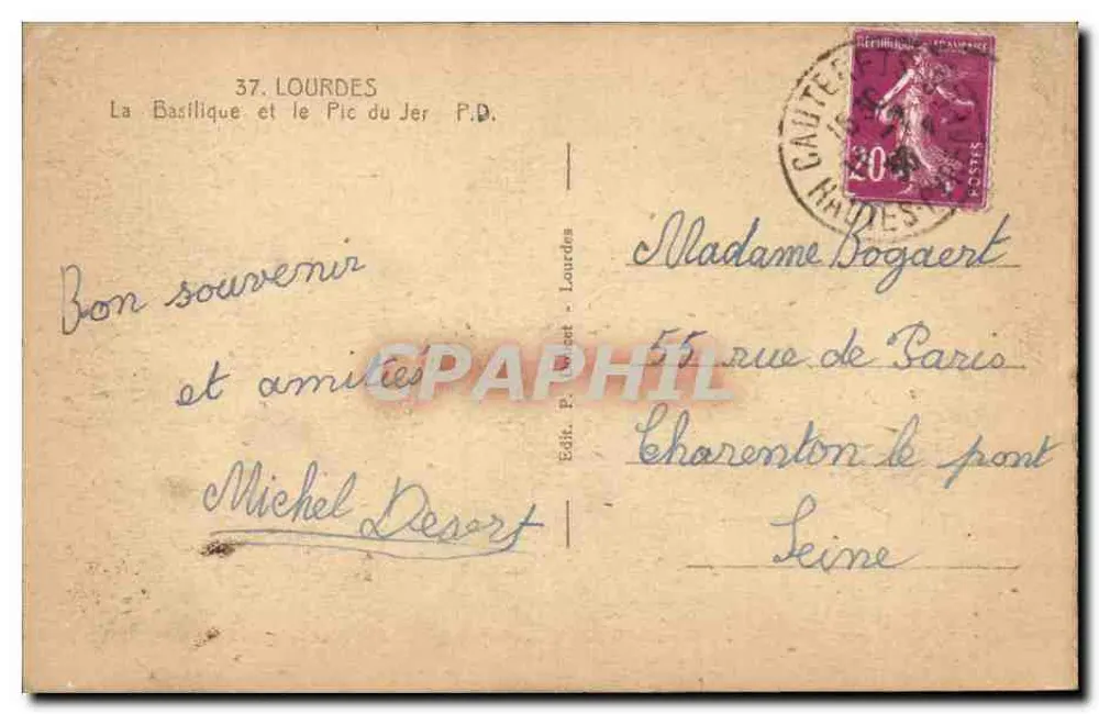 Lourdes — La Basilique et le Pic du Jer — Édit. P. Desort - Verso