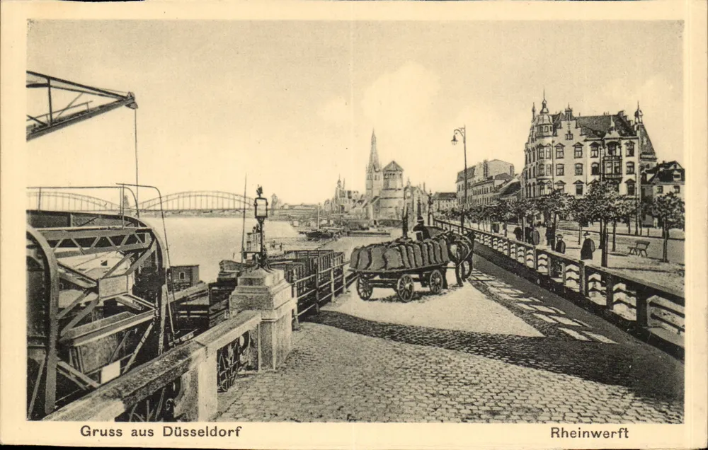 Düsseldorf — Blick auf die Rheinwerft mit Ochsenkarren und Brücke — W. & Cie. Nr. 30 - Vorderseite