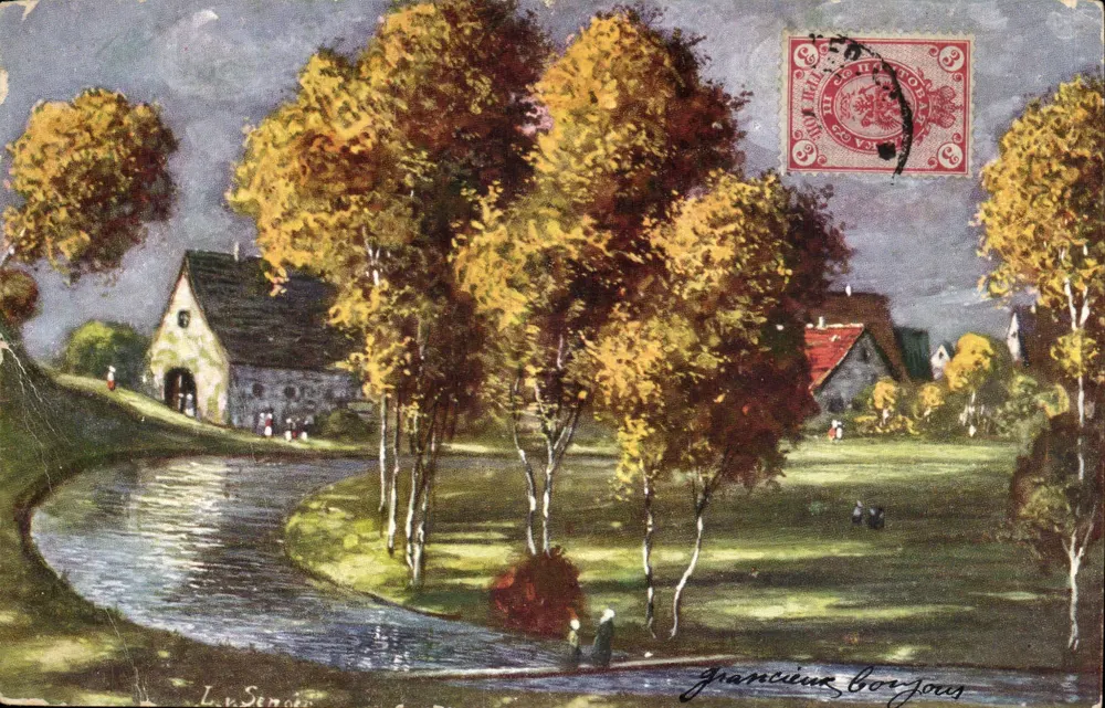 Pejzaż jesieniowy — Grancièu-Borjous — wydawca anonimowy, seria 6 Dess. - Awers