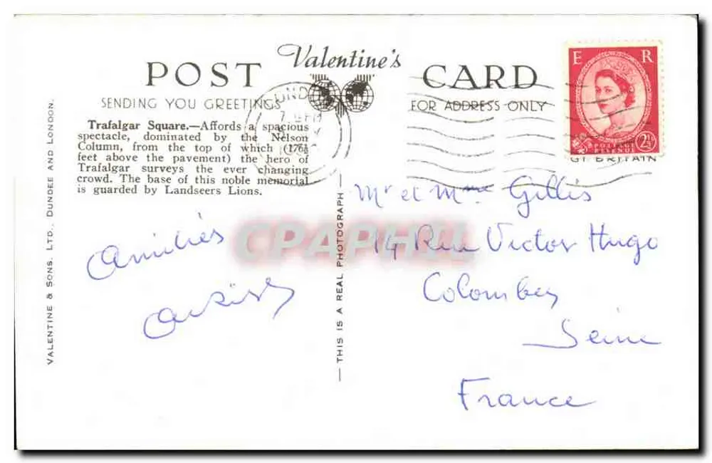 Trafalgar Square, London — Luftbild mit Nelsonsäule — Valentine's Card, Verlag Valentine & Sons Ltd., Nr. K.7046 - Rückseite