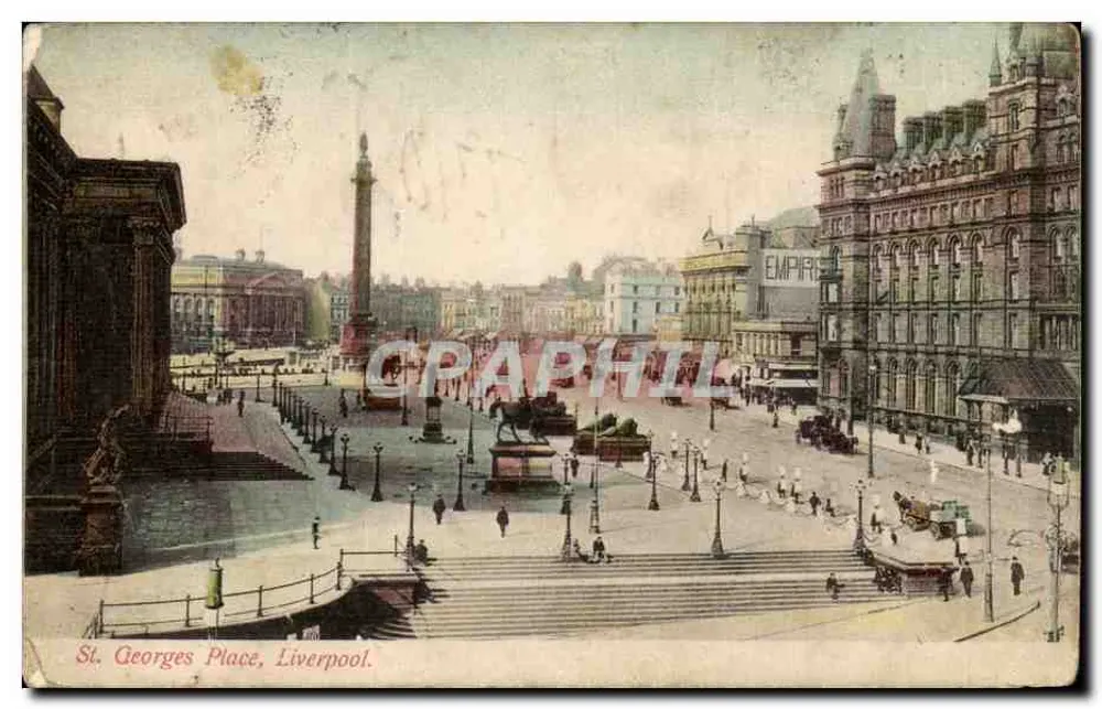 St. Georges Place, Liverpool — vista panoramica con colonna monumentale e edifici storici — editore non identificato - Recto