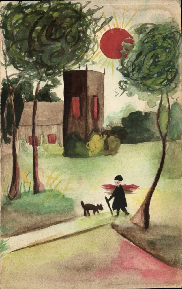 Criança com gato — paisagem com torre — carta postal ilustrada - Frente