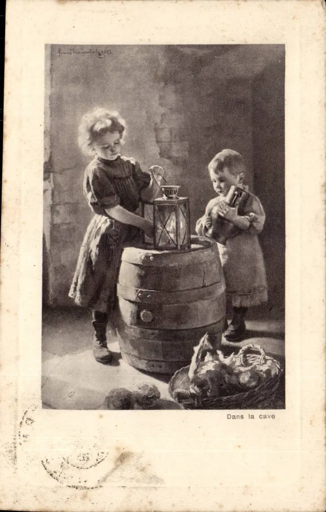 Zwei Kinder in der Keller — Illustration von Francis Diergantal, 1897 — Verlag nicht sichtbar - Vorderseite