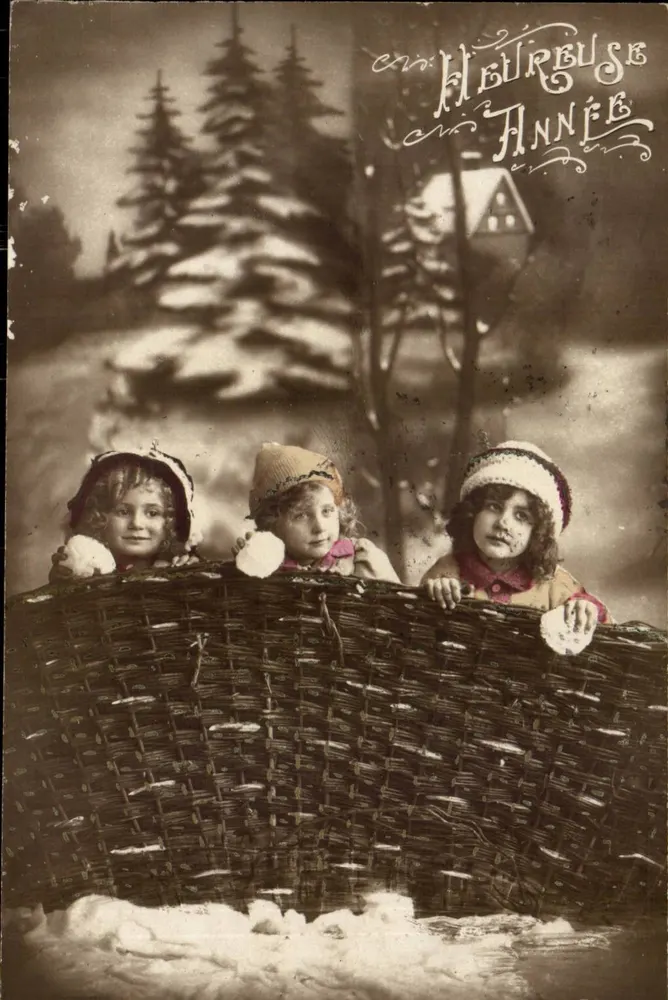 Drei Kinder in einem Korb — Winterlandschaft — Verlag H. Heurbeuse, Seriennummer nicht sichtbar - Vorderseite