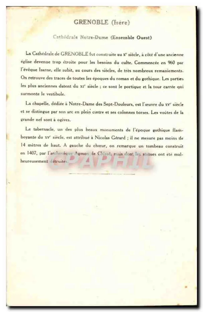 Grenoble (Isère) — Catedral Nossa Senhora (Conjunto Oeste) — Coleção da Kolarsine e da Solução Pautauberge, 4ª Série - Verso