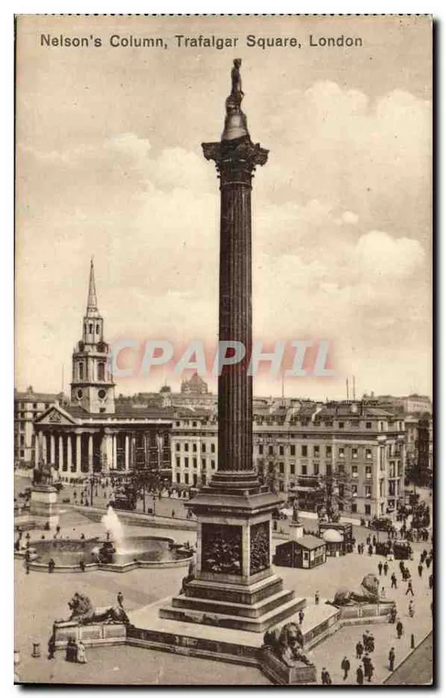 Nelsons Säule, Trafalgar Square, London — Panoramablick mit Fontäne und Löwen — Verleger unbekannt - Vorderseite