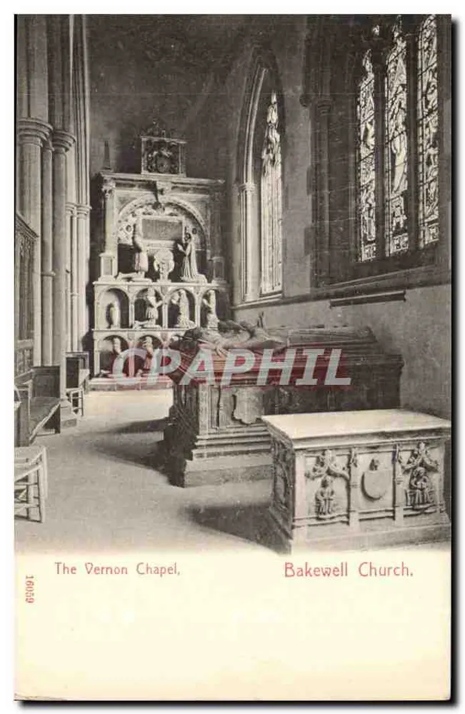 Die Vernon-Kapelle, Bakewell Kirche — Innenansicht einer gotischen Kapelle mit geschnitztem Altar und Farbglasfenstern — Verlag unbekannt, Seriennummer 16159 - Vorderseite