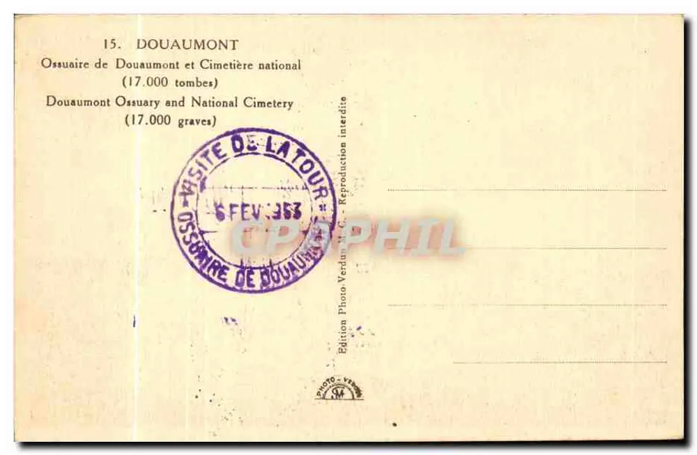 Douaumont — Ossuar und Nationalfriedhof — Édition Photo Verdun M.C. - Rückseite