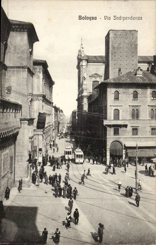 Bologna - Via Indipendenza — Ansicht der Straße mit Straßenbahn und Gebäuden — Verlag I. eretta e Giacomoni, Nr. 78205 - Vorderseite