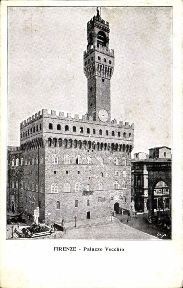 Florenz - Palazzo Vecchio — Ansicht des Gebäudes mit seiner Turm und Statue — Verlag G. Ulpia - Vorderseite