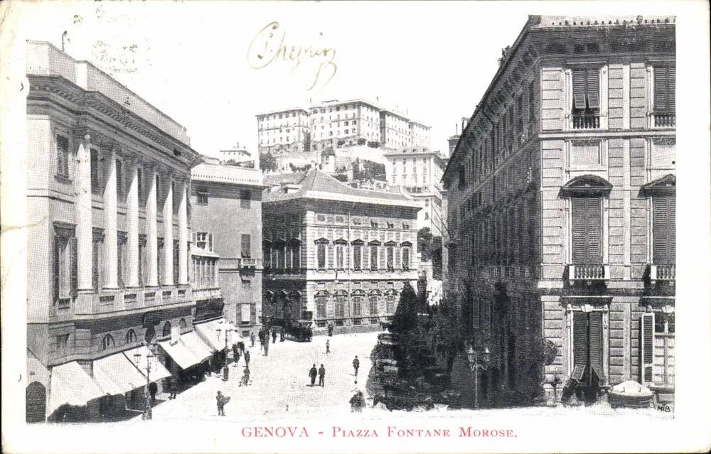 Genova - Piazza Fontane Morose — Ansicht der Piazza mit Gebäuden und Hügel im Hintergrund — Cheyring, Seriennummer nicht sichtbar - Vorderseite