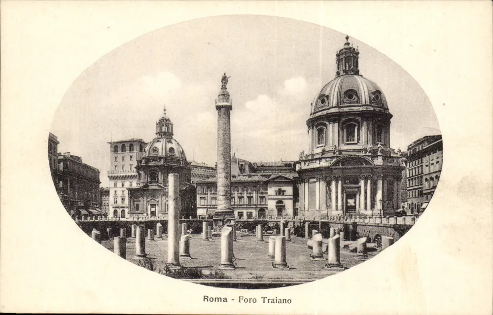 Rom - Forum Traian — Panoramablick auf das Forum mit Säule und Tempel — Fototipia Alterocca - Terni, n°54 - Vorderseite