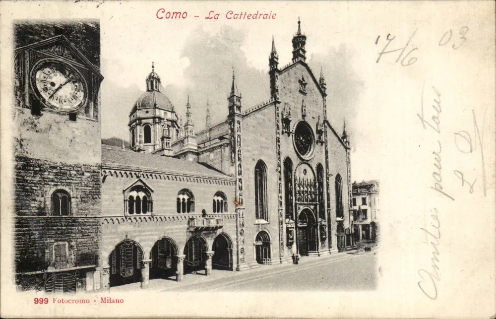 Como - La Cattedrale — vista della cattedrale e di una torre con orologio — Fotocromo Milano n°999 - Recto