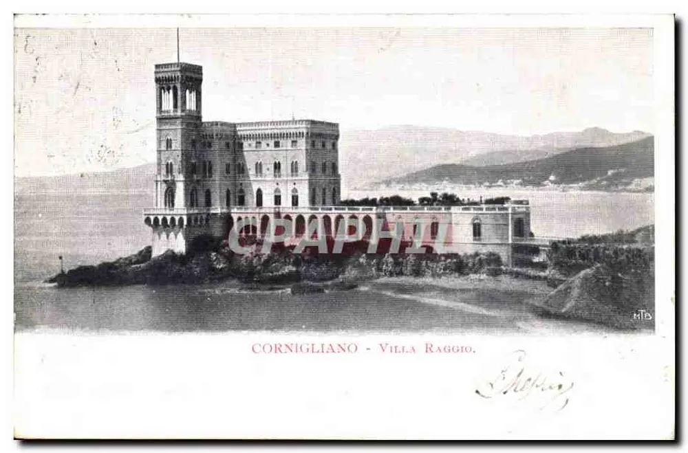Cornigliano - Villa Raggio — Ansicht des Schlosses mit Blick aufs Meer — Verlag H.T.D. - Vorderseite