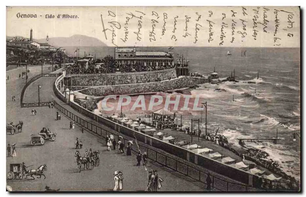 Genova - Lido d'Albaro — Blick vom Ufer mit Promenade und Badegästen — Verlag nicht sichtbar - Vorderseite