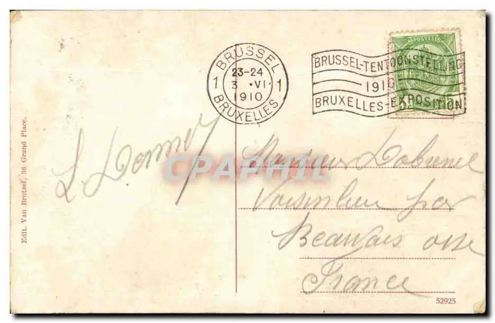 Brüssel — Säule des Kongresses — Edit. Van Bruzel, 36 Grand Place - Rückseite