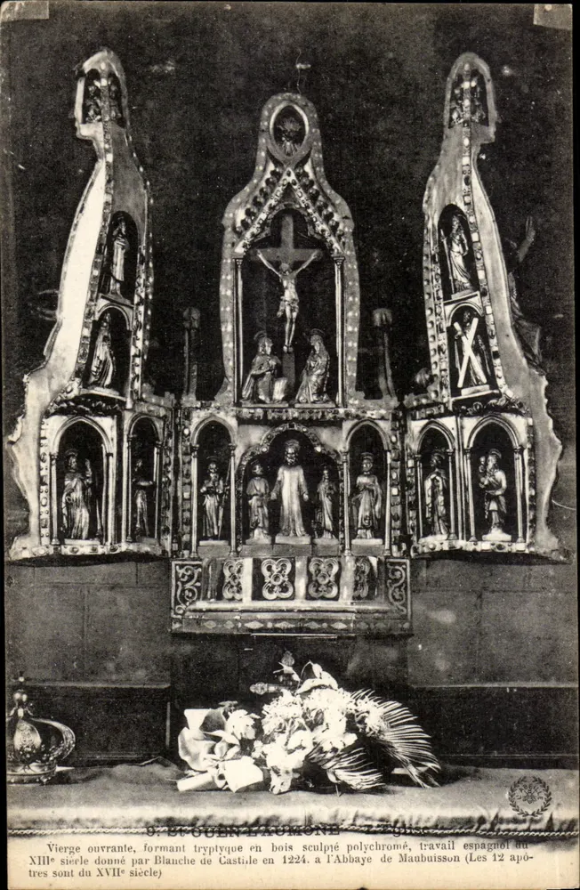 Offene Jungfrau, bildend ein farbiges, geschnitztes Holztriptychon, spanische Arbeit aus dem 13. Jahrhundert — geschenkt von Blanche von Castilien an das Kloster Maubuisson (Die 12 Apostel stammen aus dem 17. Jahrhundert) - Vorderseite