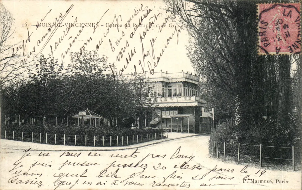 Bois de Vincennes — Entrée du Restaurant de Grévy — P. Marmuse, Paris - Recto