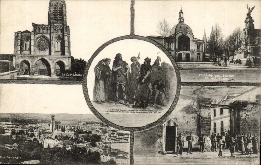 Reims — Vista geral, catedral, Place de la République, monumento a Clovis — editor Stécan, n° 1873 - Frente