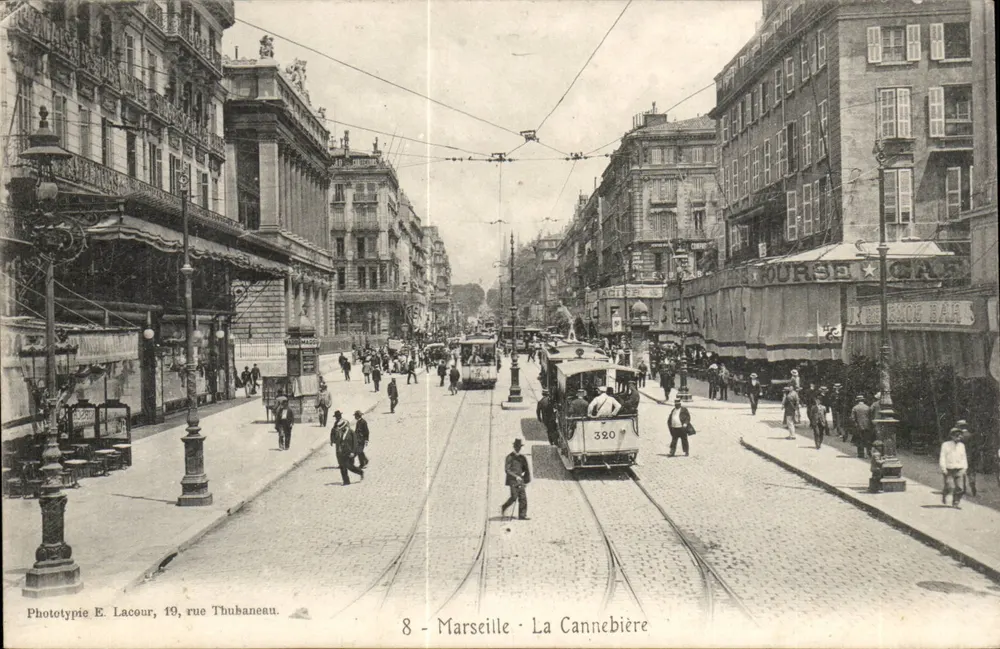 Marseille - La Cannebière — vista da rua com o trêmio n°320 — Fototipia E. Lacour, 19, rua Thubaneau - Frente