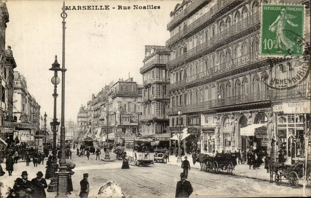 Marselha - Rue Noailles — vista da rua com trêm e cavalos — editor P. Gas - Frente