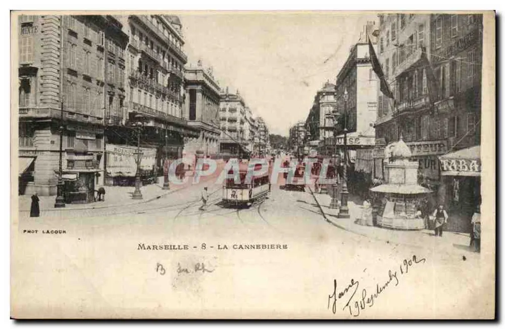Marseille - La Cannebière — uitzicht van straat met tram — Fot. Lacour - Voorkant