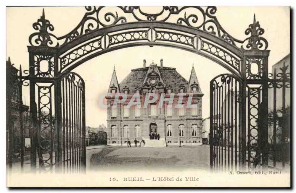 Rueil - O Hotel de Ville — vista sob um portal de ferro forjado — A. Ossart, editor, Rueil - Frente