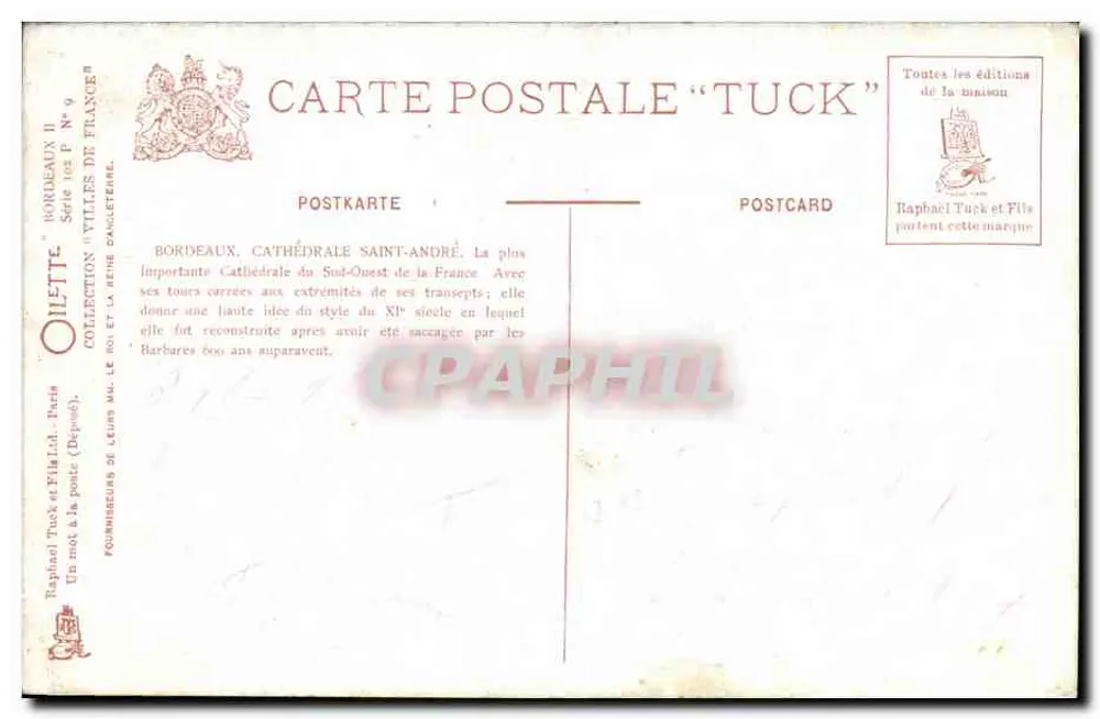 Bordeaux, Catedral de São André — vista da fachada e torres — editor Oilette, série II n°9 - Verso
