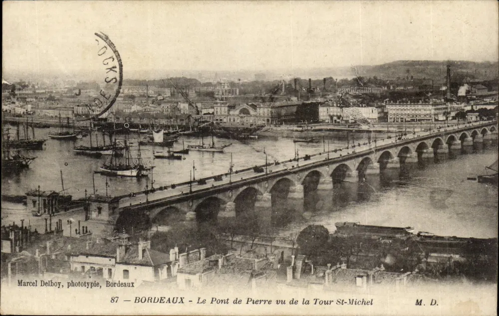 Bordeaux — Ansicht des Pont de Pierre von der Tour St-Michel — Marcel Delboy, Phototypie, Bordeaux - Vorderseite