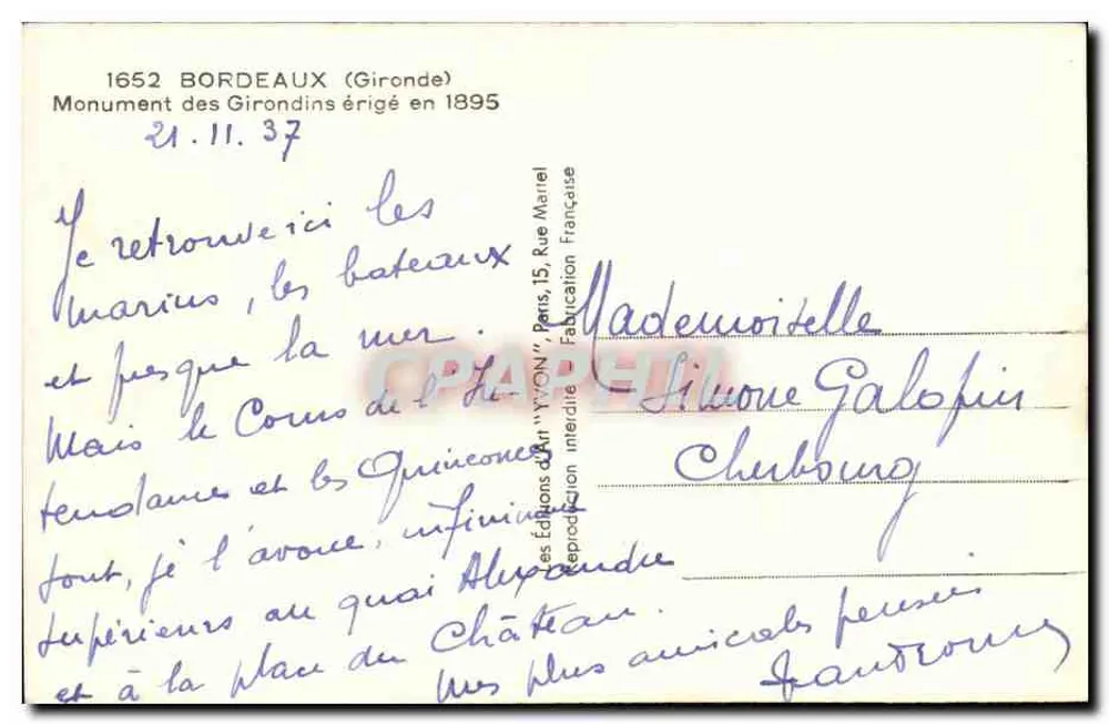 Monumento dos Girondinos — Bordeaux — editor Yvon, n° 1652 - Verso