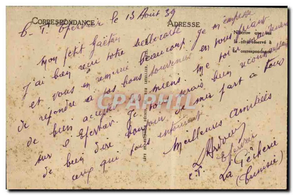 Bizerte — L'arrivée du courrier — ND - Verso