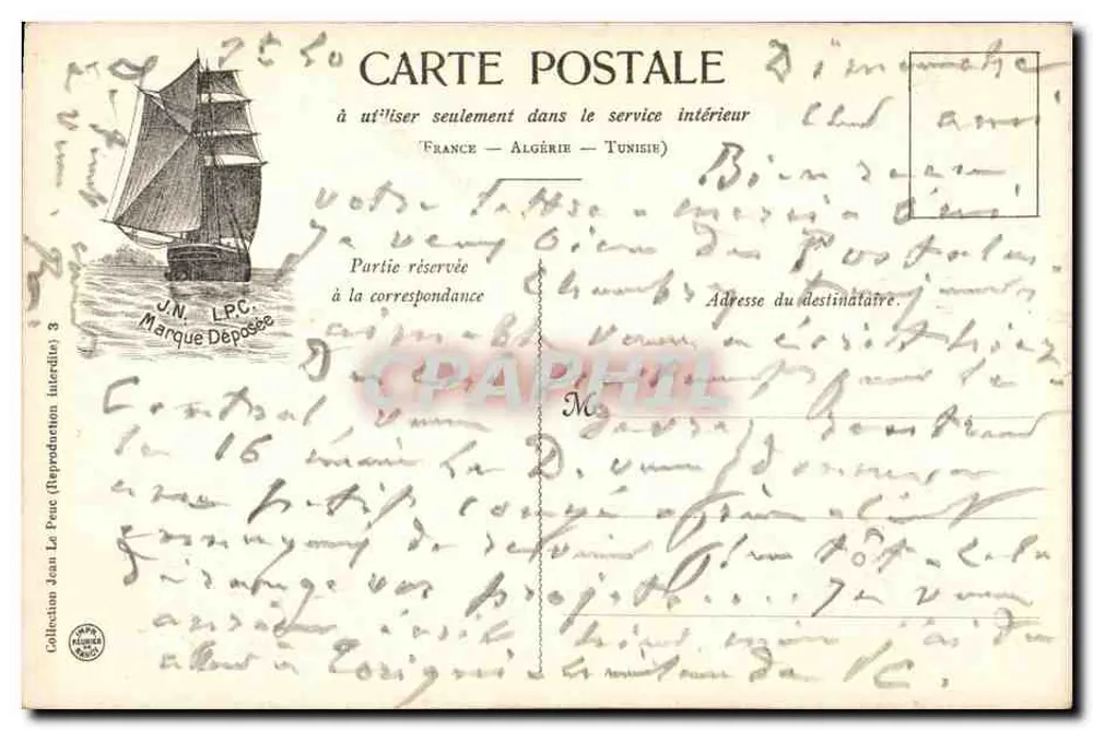 Embarcação a vela — vista do mar — Coleção Jean Le Peuc - Verso