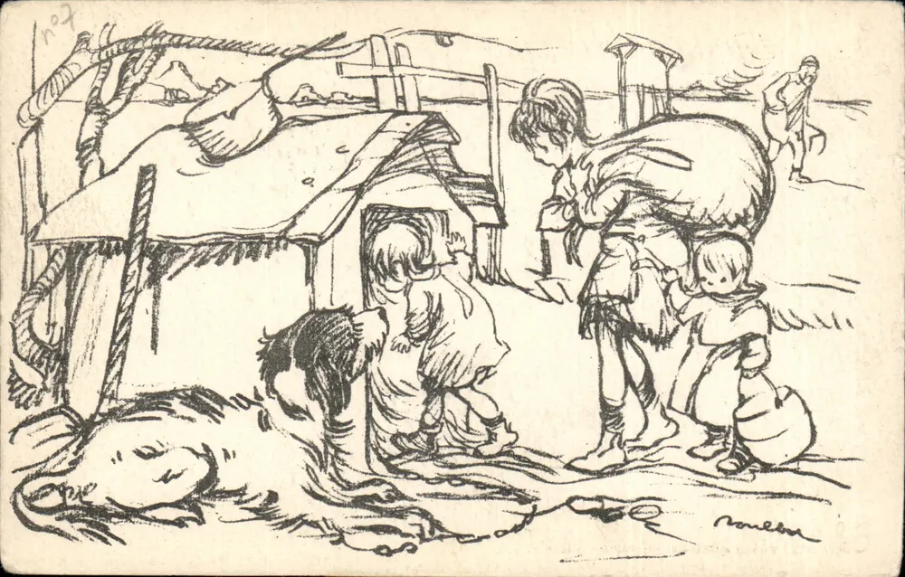 Famiglia in una capanna — scena di vita — disegno di Roulet - Recto