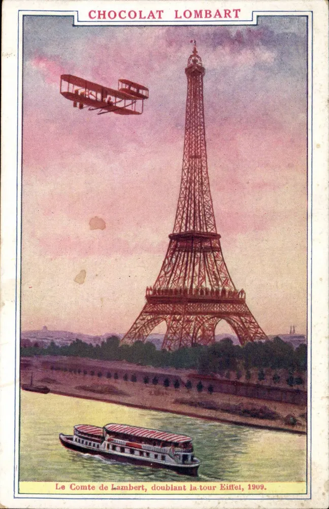 Der Graf Lambert überfliegt die Eiffelturm, 1909 — Chocolat Lombart, Paris - Vorderseite