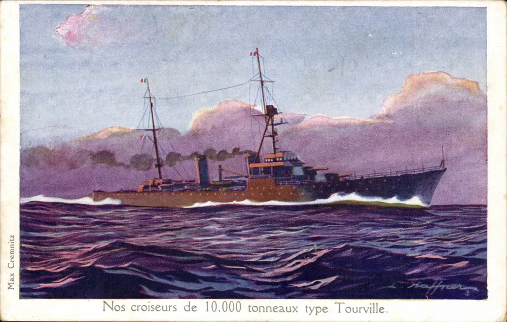 10.000-Ton-Kreuzer vom Typ Tourville — Illustration von Max Cremnitz — Verlag L. Haffner, Nr. 210 - Vorderseite