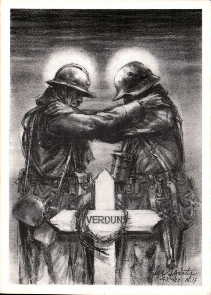 Zwei Soldaten, die sich umarmen — Verdun — M. Santi, 42 RI. d.17 - Vorderseite