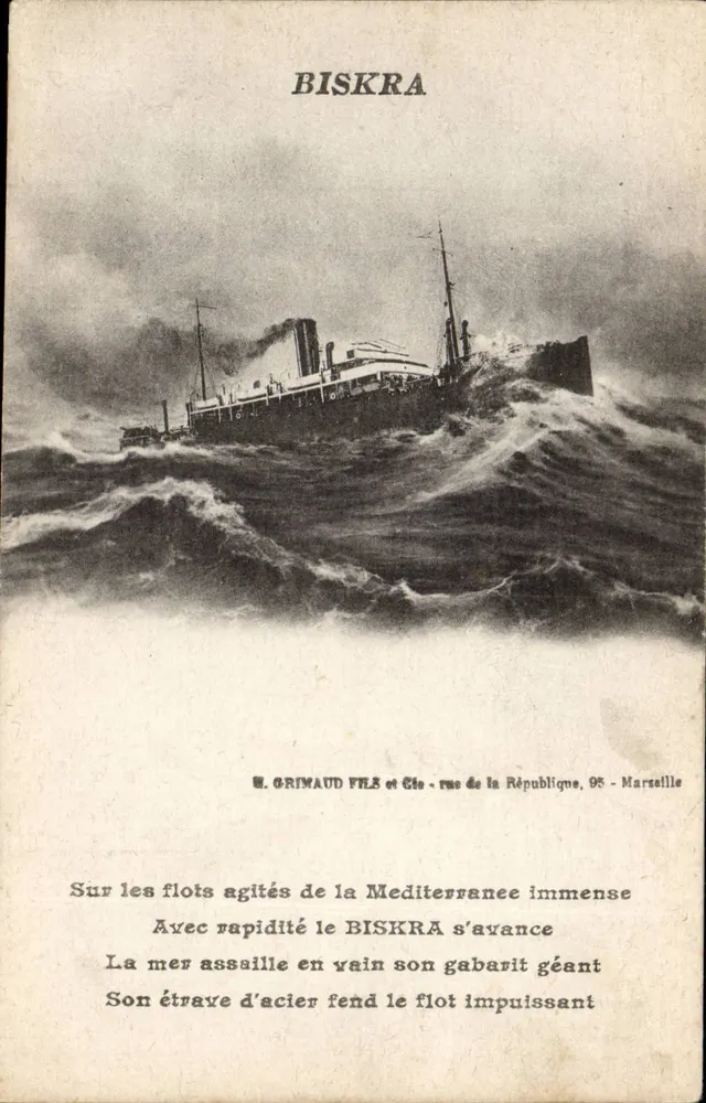 Biskra — Navio no mar agitado — W. Grimaud Fils et Cie, rue de la République, 95 - Marseille - Frente