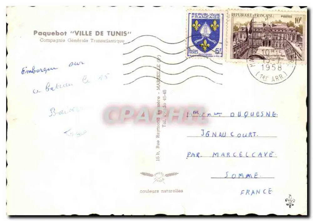 Paquebote "VILLE DE TUNIS" — Compagnie Générale Transatlantique - Verso