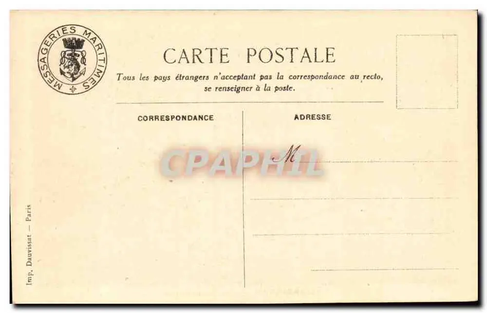Luxuskabine — Messageries Maritimes — "D'ARTAGNAN" — Imp. Dauvissat - Paris - Rückseite