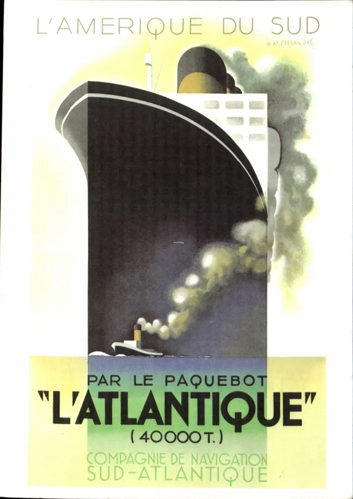 A América do Sul — pelo navio transatlântico "L'Atlantique" — desenho de M. Cassandre para a Companhia de Navegação Sul-Atlântica - Frente