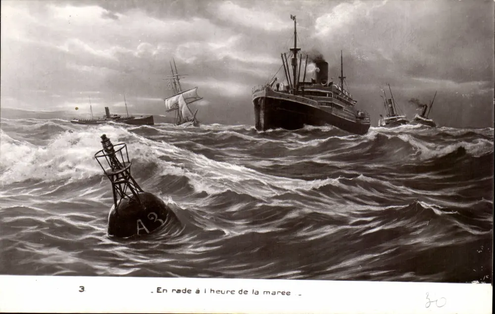 In der Bucht zur Hochzeit — maritime Szene mit Dampfschiff und Leuchtturm A3 — Serie 3 - Vorderseite