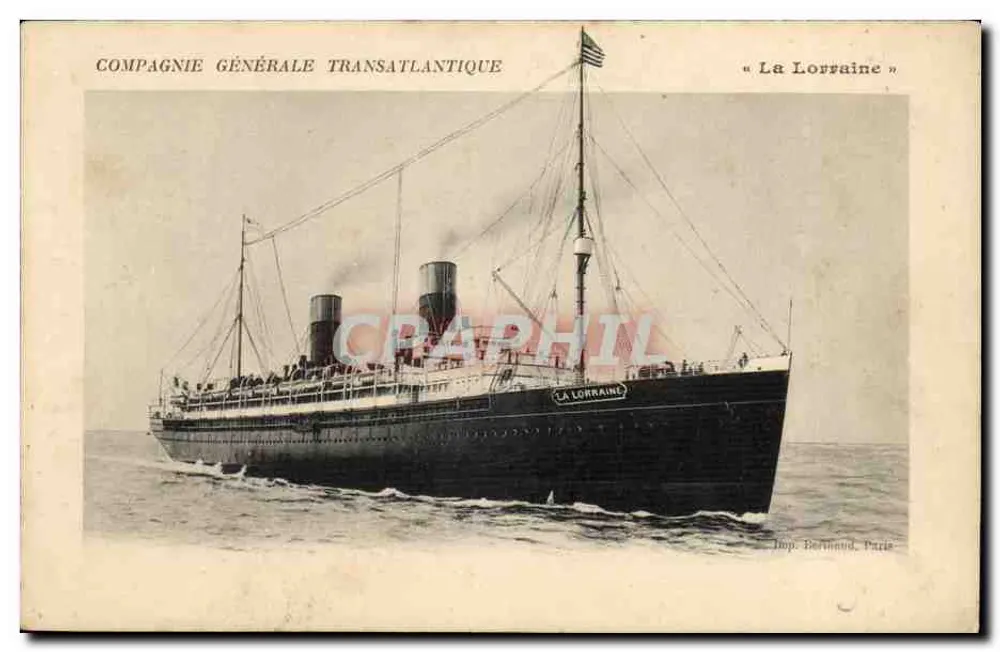 O navio de passageiros « La Lorraine » — Compagnie Générale Transatlantique — editor Jop. Bertrand, Paris - Frente