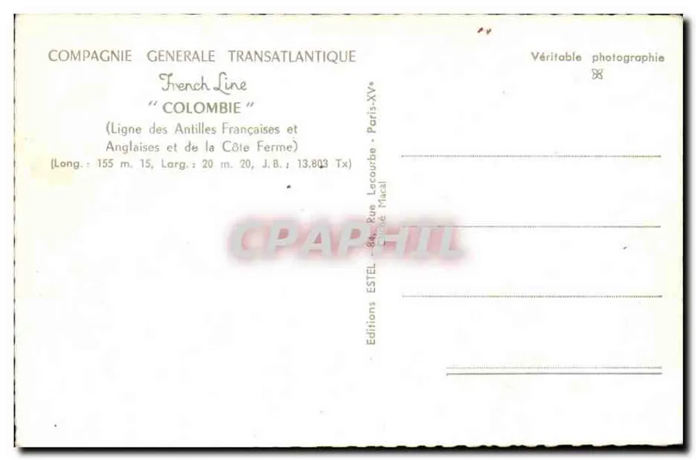 Kreuzer French Line "Colombie" — Compagnie Générale Transatlantique — Editions ESTEL - Rückseite