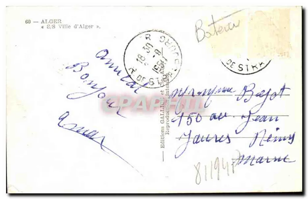 Porto de Argel — S/S Ville d'Argel — Edições Gallien e Clapier - Verso