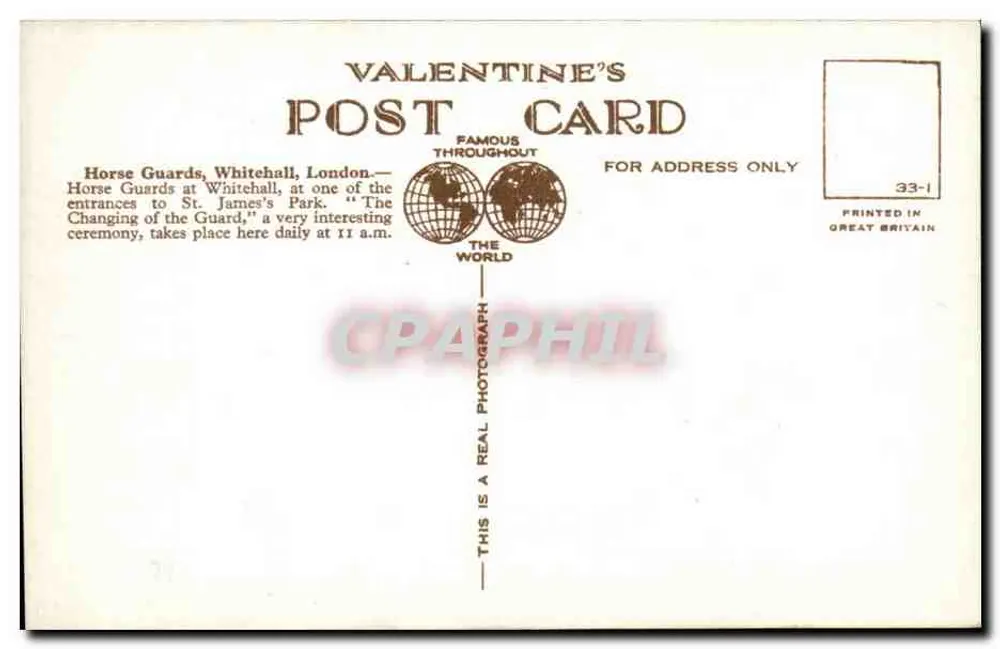Royal Horse Guards, Changing Guard, Whitehall, London — Valentine's Postcard n°42968 JV - Rückseite