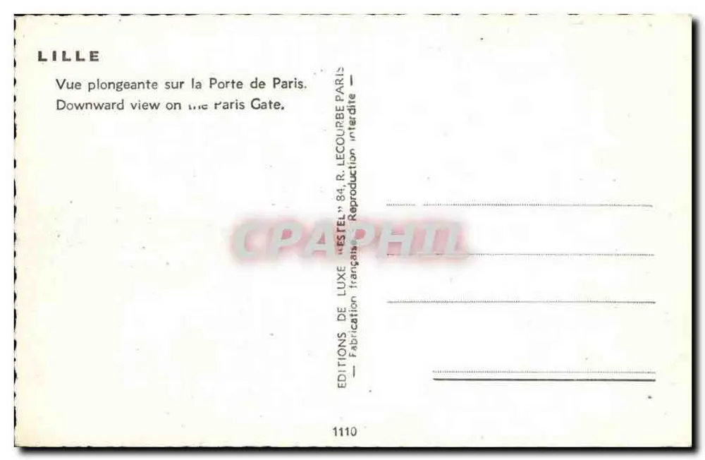 Lille — Vogelperspektive auf die Porte de Paris — Verlag Étel, Nr. 1110 - Rückseite