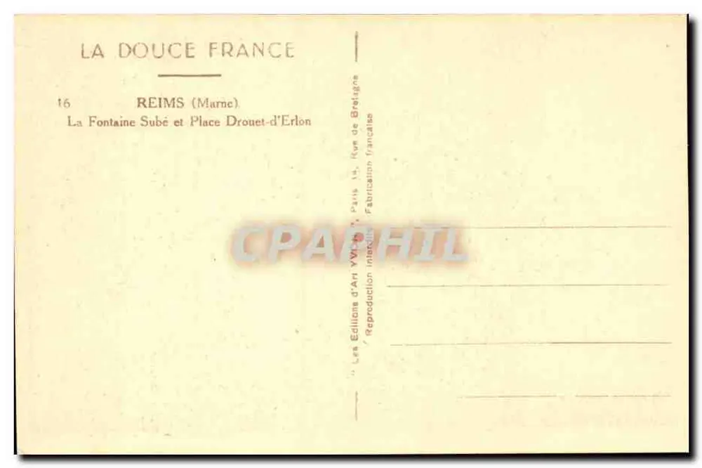 Reims — La Fontaine Subé und Place Drouet-d'Erlon — Les Éditions d'Art VVII, Paris - Rückseite