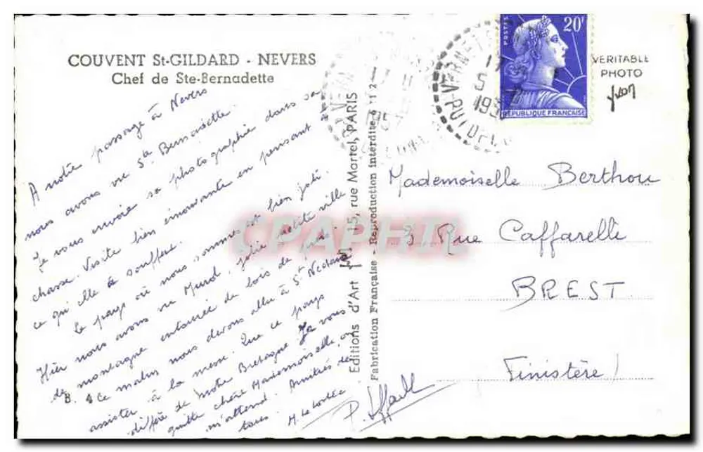 Irmã Bernadette — Convento de São Gildardo, Nevers — Edições de Arte Francesa - Verso