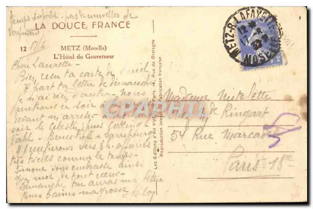 L'Hotel du Gouverneur — Metz (Mosella) — Les Éditions d'Art YVC de Bretagne - Verso